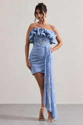Blue Lace Strapless Ruffled Mini Dress With Drape